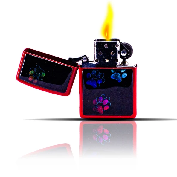 Kedi Pati Desenli Kırmızı Benzinli Çakmak - Resim 4