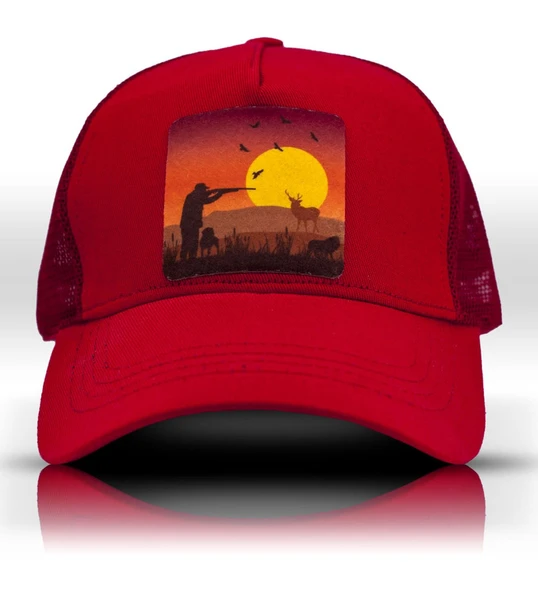 Gün Batımı Kırmızı Fileli Avcı Beyzbol Şapka Unisex Trucker Cap - 1