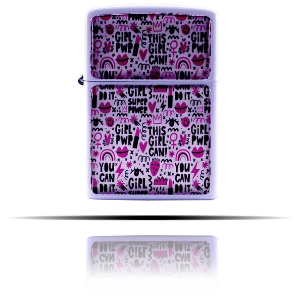 Girl Power Karalama Desenli Beyaz Benzinli Çakmak - Resim 6