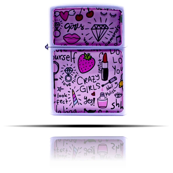Girl Power Crazy Karalama Desenli Beyaz Benzinli Çakmak - 4