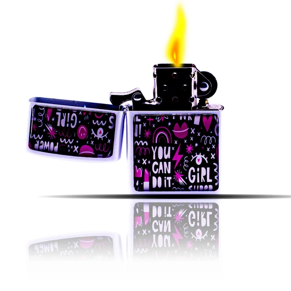 Girl Power Karalama Desenli Siyah Beyaz Benzinli Çakmak - 4