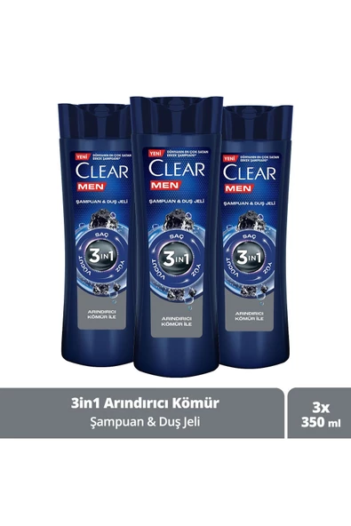 Clear Men 3 In 1 Şampuan & Duş Jeli Arındırıcı Kömür Saç Yüz Vücut Için 350 ml X3 ürün görseli