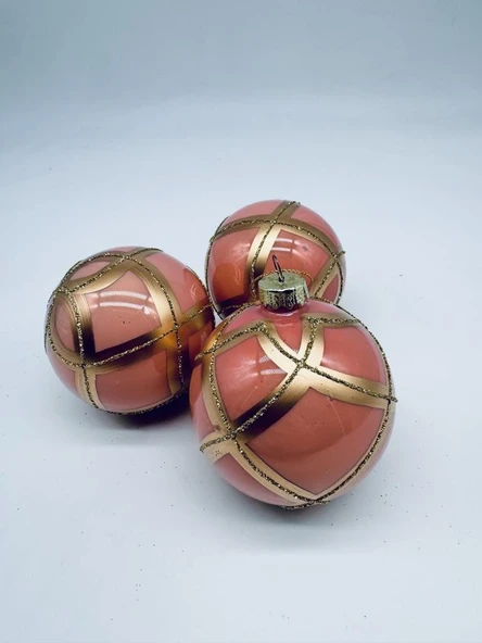 Beysüs Yılbaşı Çam Ağacı Süsü Parlak Özel Altın Çizgili Holiday Cici Top 8cm 3'lü - 5