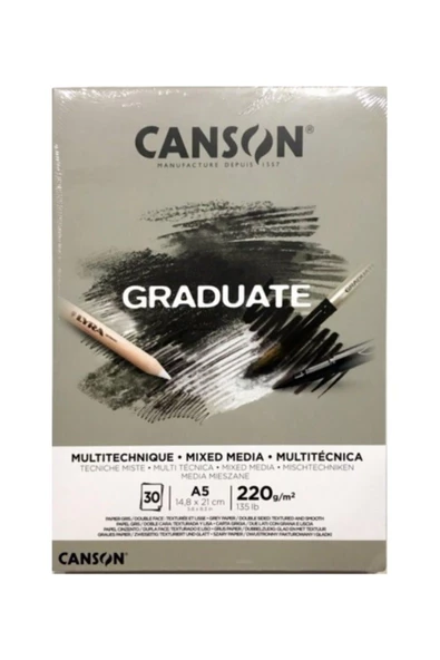 Canson Çizim Bloğu Graduate Mıx Medıa Gri 30 Sayfa A5 220 Gram