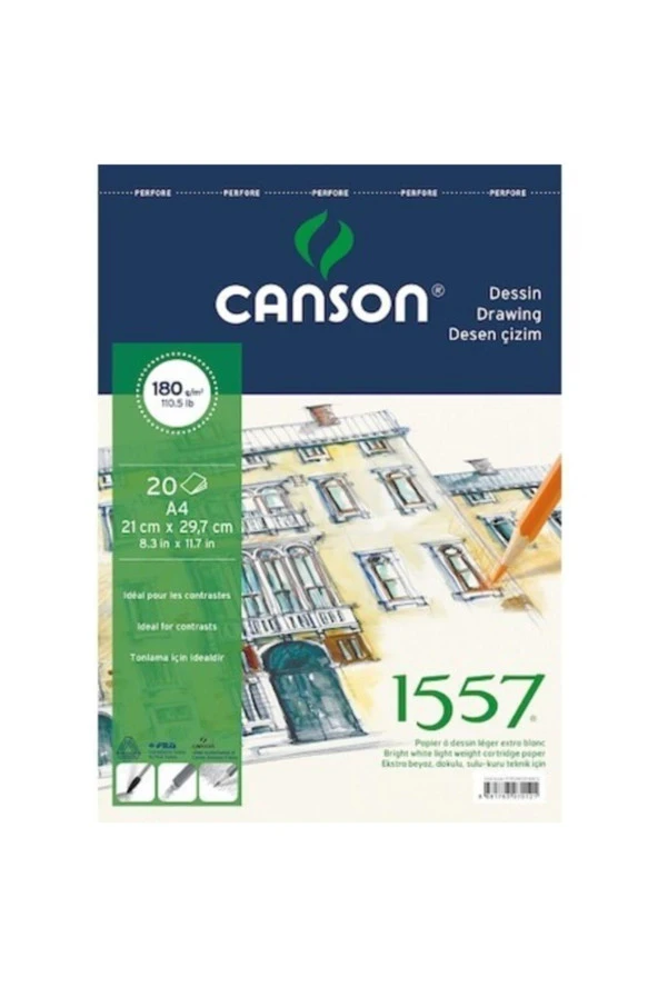 Canson 1557 Resim Ve Çizim Blok 180 GR A4 20 Yaprak Üstten Spiralli