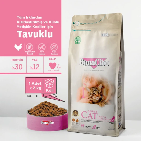 Bonacibo Adult Cat Light - Sterilised Kısırlaştırılmış Kediler Için Yetişkin Kedi Maması 2 Kg