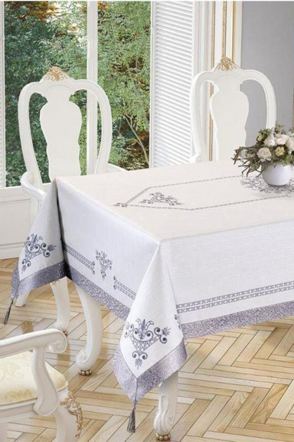 Lale Baskılı Dikdörtgen Masa Örtüsü Silver 160x260 Cm - Resim 4