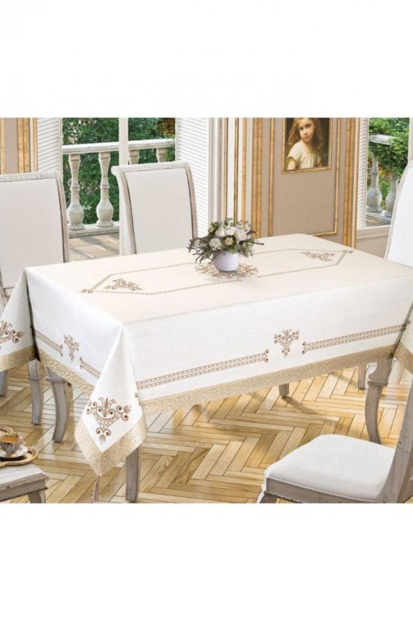 Lale Baskılı Dikdörtgen Masa Örtüsü Gold 160x260 Cm - 4