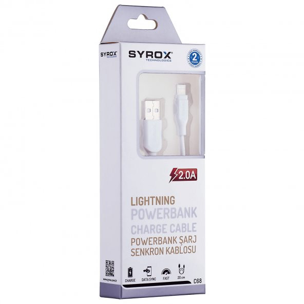 Syrox 2.0A iPhone Lightning Powerbank & Data Kablosu 0.25M C68