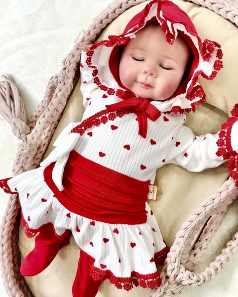 Kalp Desenli Dantel işlemeli Hastane Çıkışı Bebek Takımı - 2