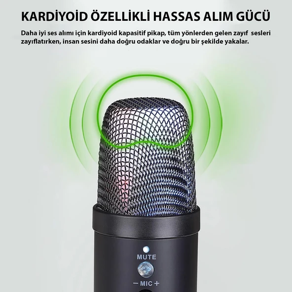 TriLine Profesyonel Kardioid RGB Oyuncu Stüdyo Kayıt Kablolu Podcast Mikrofonu - Resim 6