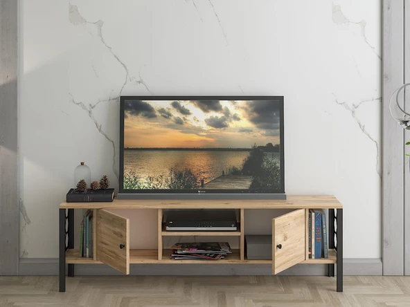 Wood'n Love Asena 160 Cm Metal Ayaklı Tv Ünitesi - Atlantik Çam / Siyah - 5
