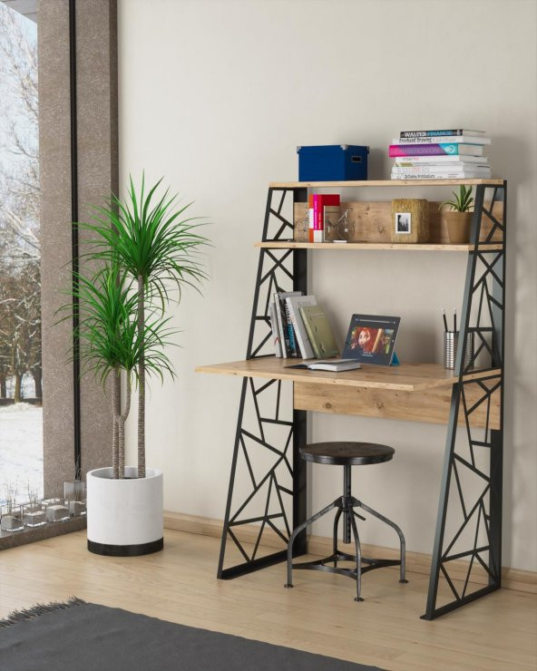 Woodn Love Odin Üçgen Metal Ayaklı Kitaplıklı Çalışma Masası - Atlantik Çam / Siyah - 3