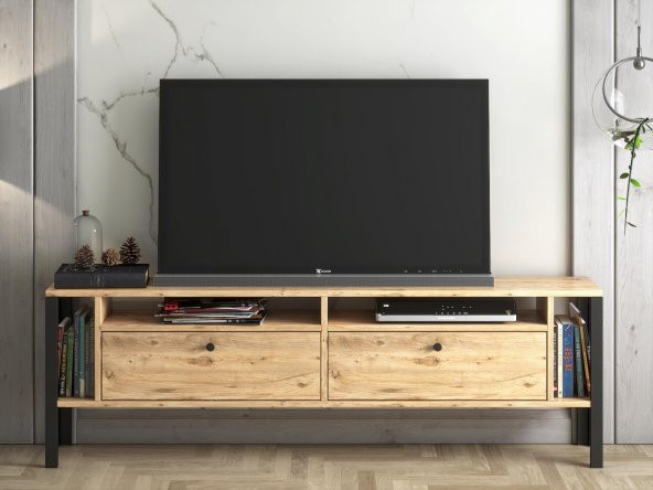 Woodn Love Atlanta Metal Ayaklı Tv Ünitesi - Atlantik Çam / Siyah - 3
