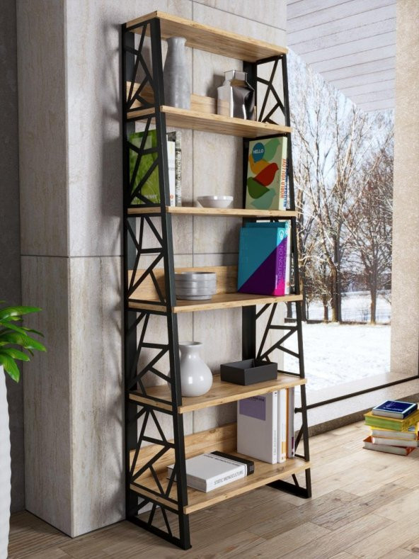 Woodn Love Albatros 5 Raflı Piramit Metal Kitaplık - Atlantik Çam / Siyah - 2