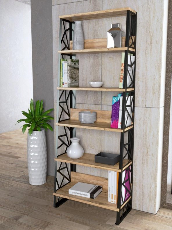 Woodn Love Albatros 5 Raflı Piramit Metal Kitaplık - Atlantik Çam / Siyah - 3