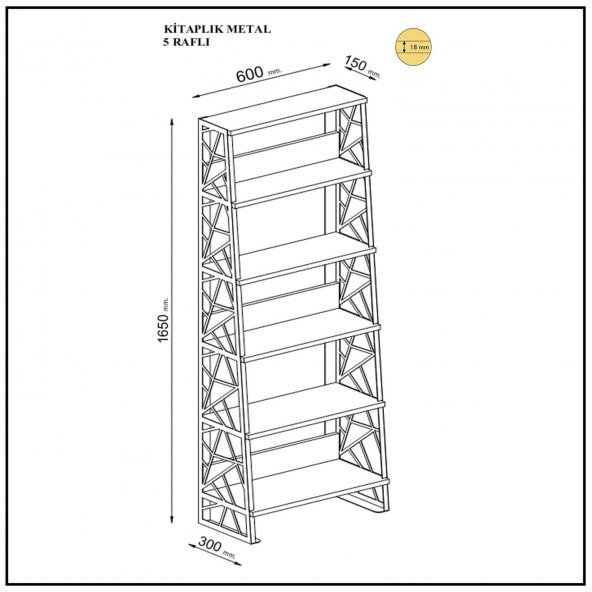 Woodn Love Albatros 5 Raflı Piramit Metal Kitaplık - Atlantik Çam / Siyah - 6