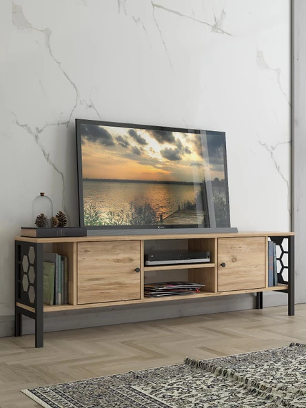 Wood'n Love Asena 160 Cm Metal Ayaklı Tv Ünitesi - Atlantik Çam / Siyah