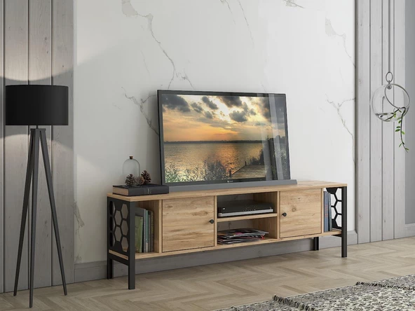 Wood'n Love Asena 160 Cm Metal Ayaklı Tv Ünitesi - Atlantik Çam / Siyah - 3