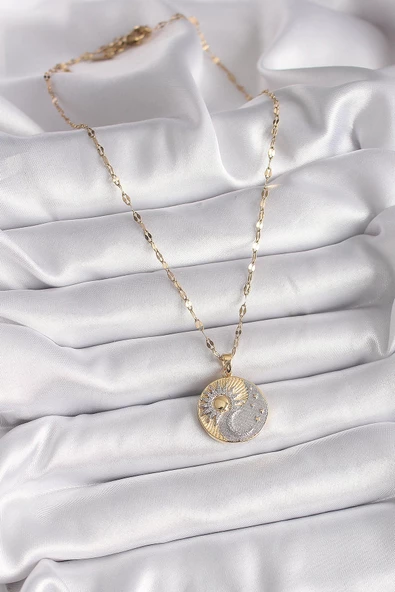 316L Çelik Mix Renk Zincir Zirkon Taşlı Gün Doğumu/Batımı Madalyon Model Kadın Kolye - 2