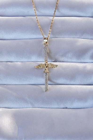 316L Altın Renk Zirkon Taşlı Kılıç Model Anka Kuşu Kolye - TJ-BKO9274 ürün görseli