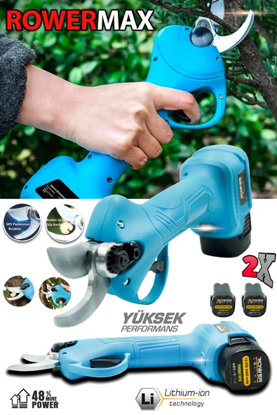 ROWERMAX Alman Çift Akülü Budama Makası 32VFX 3000mAH Yedek Makaslı 30mm Dal Budama Makası - 3