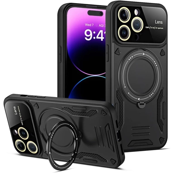 iPhone 16 Pro Max Uyumlu Siyah Joy Entegre Standlı Kamera ve Ekran Korumalı Kılıf