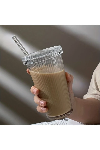 Cam Kapaklı Pipetli Borosilikat Sunum Bardağı, Isıya Dayanıklı Bardak, Kahve Bardağı (400 ml) Latte - 7