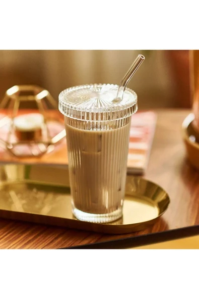 Cam Kapaklı Pipetli Borosilikat Sunum Bardağı, Isıya Dayanıklı Bardak, Kahve Bardağı (400 ml) Latte