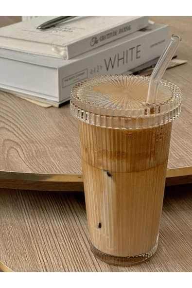 Cam Kapaklı Pipetli Borosilikat Sunum Bardağı, Isıya Dayanıklı Bardak, Kahve Bardağı (400 ml) Latte - 5