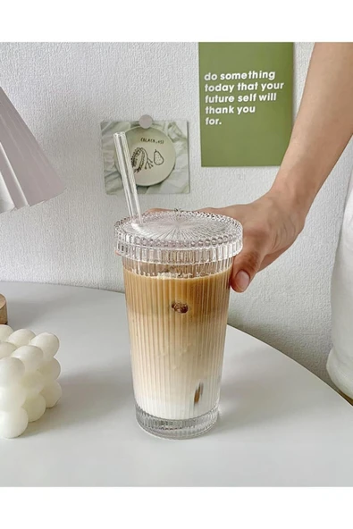 Cam Kapaklı Pipetli Borosilikat Sunum Bardağı, Isıya Dayanıklı Bardak, Kahve Bardağı (400 ml) Latte - 6