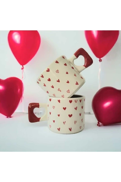 2li Kırmızı Minik Kalpler Çizimli El Yapımı Doğal Seramik Kalp Kupa Bardak / Mug - Çay&Kahve Fincanı