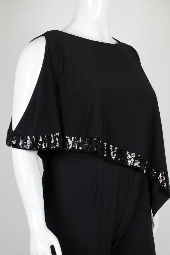 Siyah Mat Jersey Capelet Rahat KesimTulum - 5