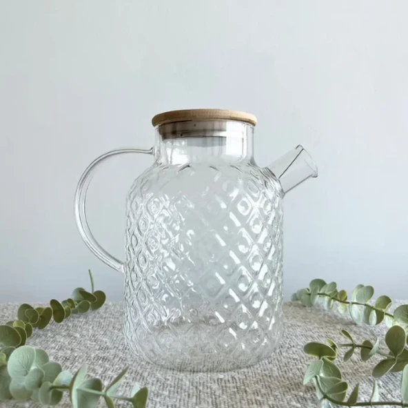 Vakumlu Bambu Kapaklı Isıya Dayanıklı Borosilikat Cam Demlik, Süzgeçli Demlik (1800 ml) Pineapplejug - 2