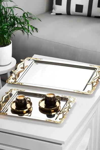 Nehir 2'li Lalezar Altın Paslanmaz Çelik Çay Kahve Servis Tepsisi ürün görseli 1