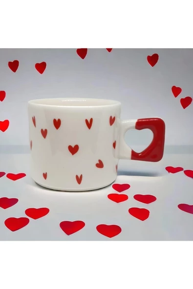 Minimalist Kırmızı Kalp Desenli El Yapımı Doğal Seramik Kalp Kupa / Mug - Çay & Kahve Fincanı