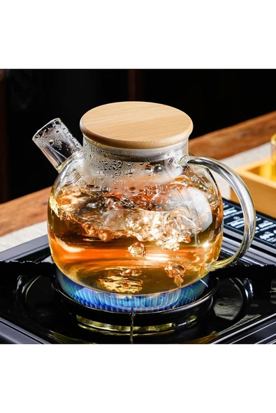 Vakumlu Bambu - Metal Kapaklı Isıya Dayanıklı Borosilikat Cam Demlik, Süzgeçli (1000 ML) Teapot