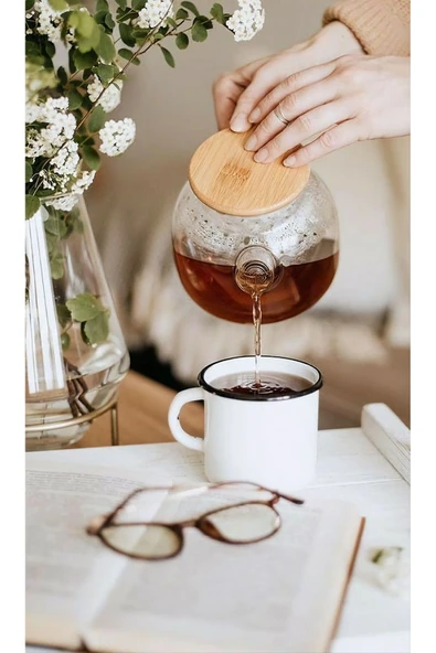 Vakumlu Bambu - Metal Kapaklı Isıya Dayanıklı Borosilikat Cam Demlik, Süzgeçli (1000 ML) Teapot - 5