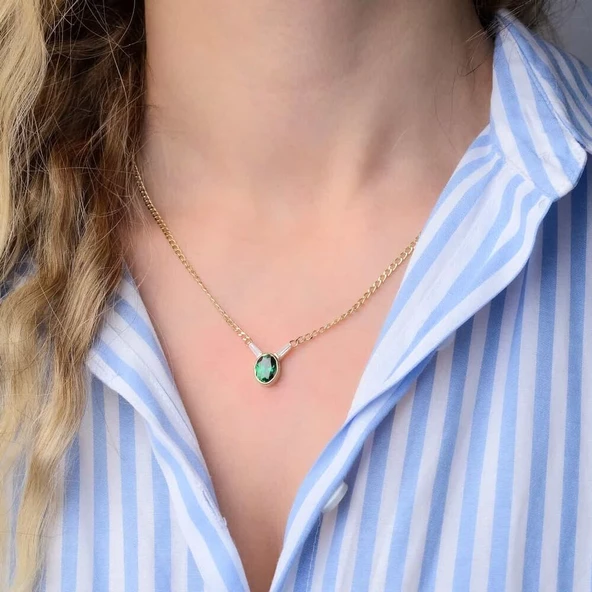 Granada Altın Kolye 14 Ayar Turmalin Taşlı Gurmet Zincir 50 Cm