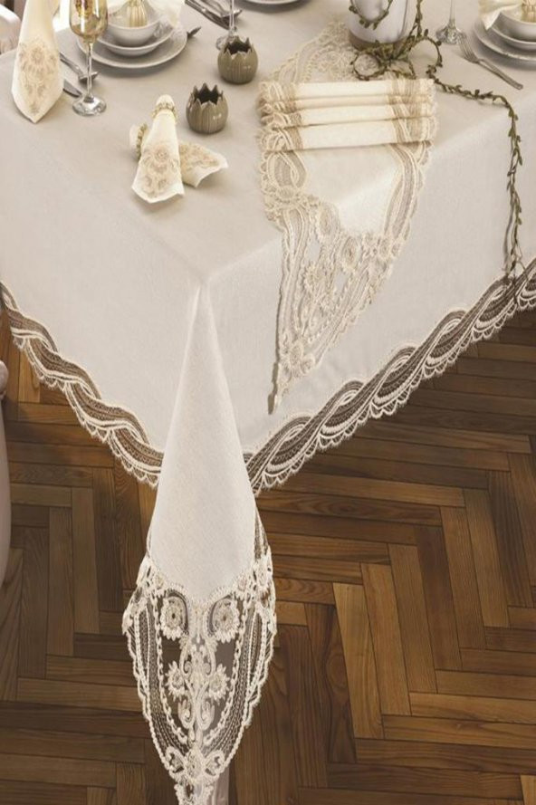 Fransız Güpürlü Gonca Tek Masa Örtüsü Krem - Resim 4