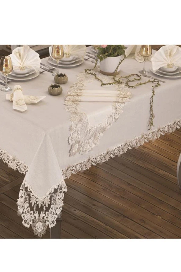 Fransız Güpürlü Beste Tek Masa Örtüsü Krem - Resim 4