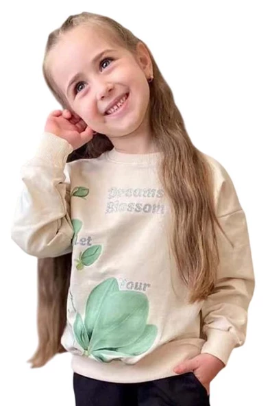 Kız Çocuk Lale Baskılı Kazak Yazı Detaylı Alt Eşofman Yeşil Eşofman Takım - 2