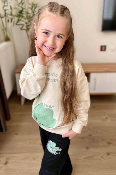 Kız Çocuk Lale Baskılı Kazak Yazı Detaylı Alt Eşofman Yeşil Eşofman Takım - 5