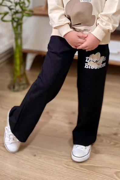 Kız Çocuk Lale Baskılı Kazak Yazı Detaylı Alt Eşofman Kahverengi Eşofman Takım - 6