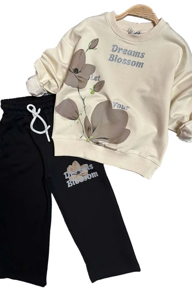 Kız Çocuk Lale Baskılı Kazak Yazı Detaylı Alt Eşofman Kahverengi Eşofman Takım - 7