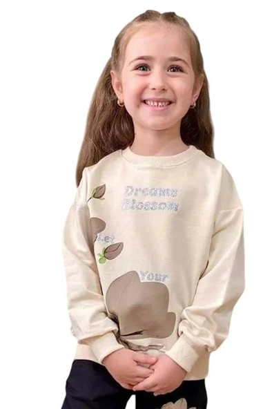 Kız Çocuk Lale Baskılı Kazak Yazı Detaylı Alt Eşofman Kahverengi Eşofman Takım - 2