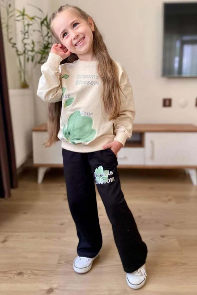 Kız Çocuk Lale Baskılı Kazak Yazı Detaylı Alt Eşofman Yeşil Eşofman Takım - 4