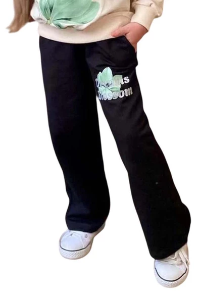 Kız Çocuk Lale Baskılı Kazak Yazı Detaylı Alt Eşofman Yeşil Eşofman Takım - 3