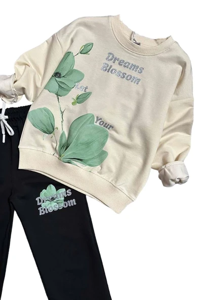 Kız Çocuk Lale Baskılı Kazak Yazı Detaylı Alt Eşofman Yeşil Eşofman Takım - 6