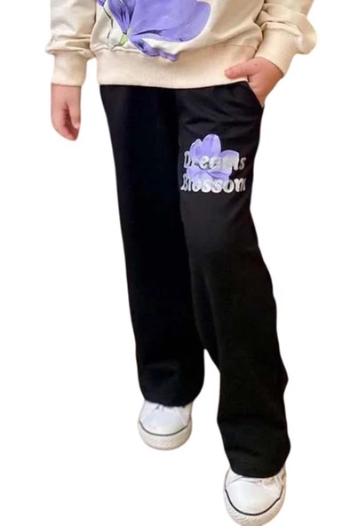 Kız Çocuk Lale Baskılı Kazak Yazı Detaylı Alt Eşofman Mor Eşofman Takım - 3